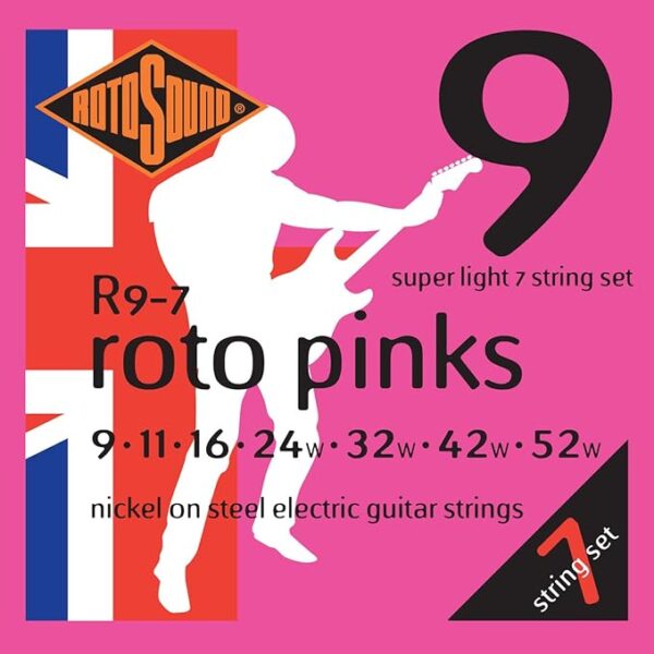 Rotosound Cuerdas de guitarra eléctrica de 7 cuerdas de níquel Super Light R9-7 (9 11 16 24 32 42 52)
